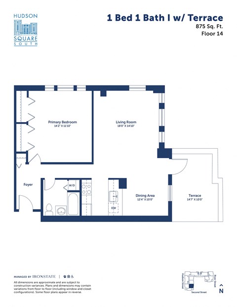 Floor plan for 1 bed, 1 bath, 875 sqft